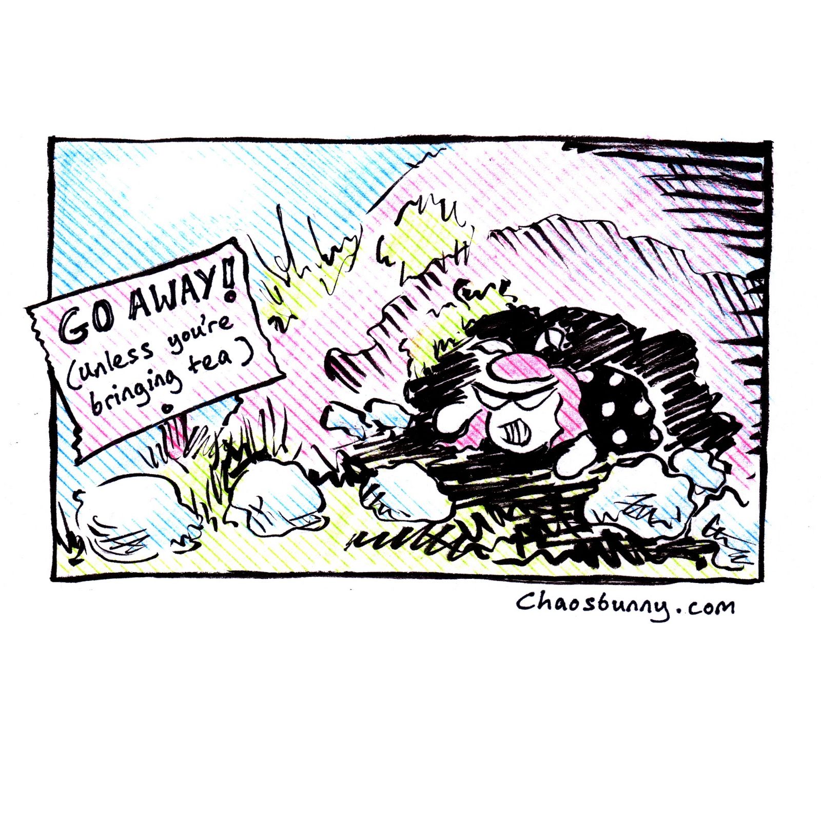 The chaosbunny is pictured crouching inside a cave next to a sign that reads 'GO AWAY! (Unless you're bringing tea)