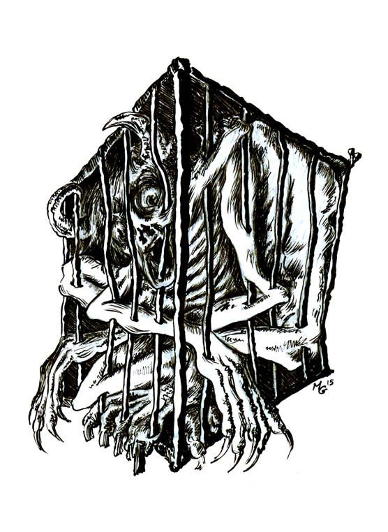 A distorted figure with horns, sunken eyes, and too many contorted limbs is crammed into a cage so tightly that the bars appear to be passing through its flesh.