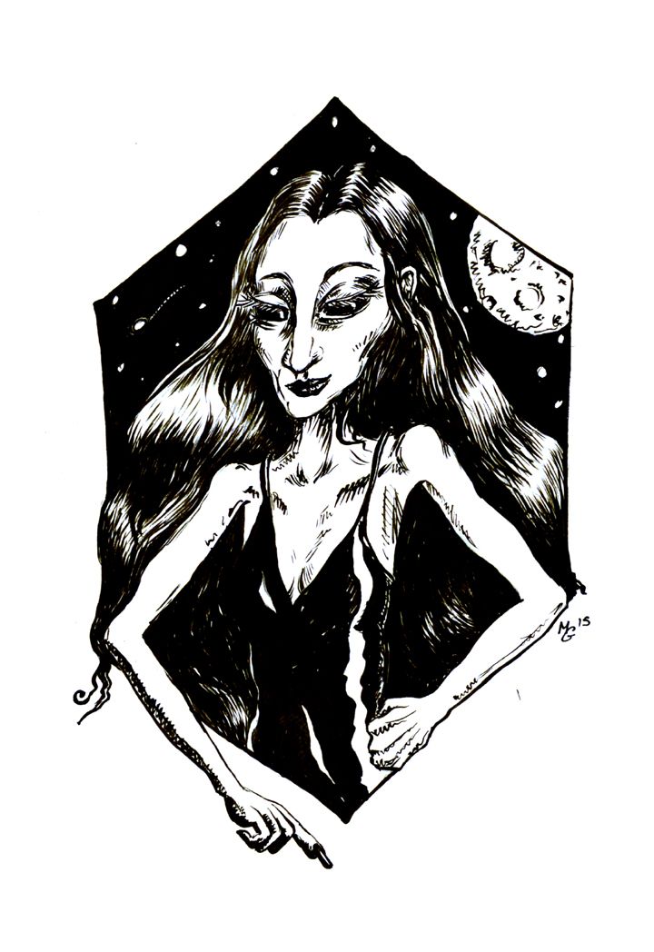 A slim beautiful woman with pale skin, long dark hair and entirely black eyes, in front of a full moon, wears a close-fitting satin dress and holds out a finger as though she is considering performing some sort of magic.