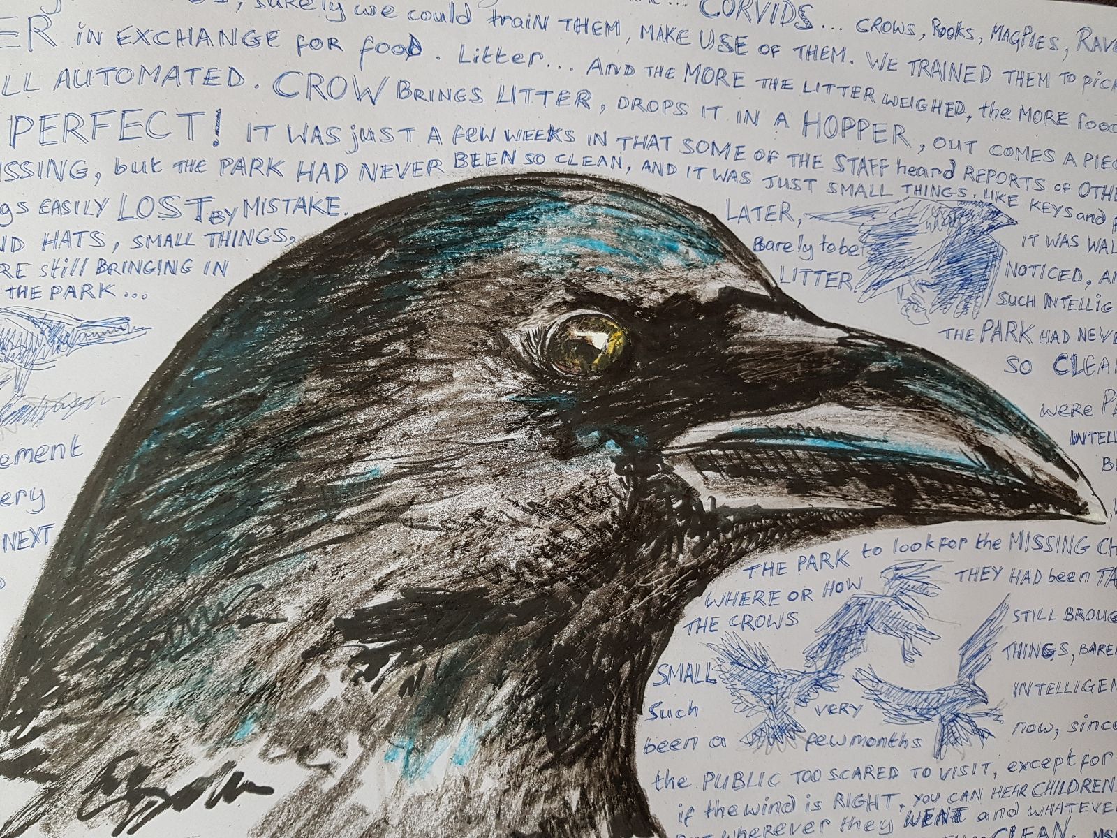 A large and detailed crow head looks over a field of text.