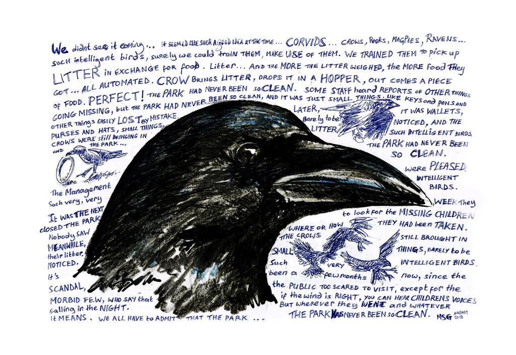 Zoomed out to view the whole page, a tale is told in crazed, difficult to read handwriting behind illustrations of crows