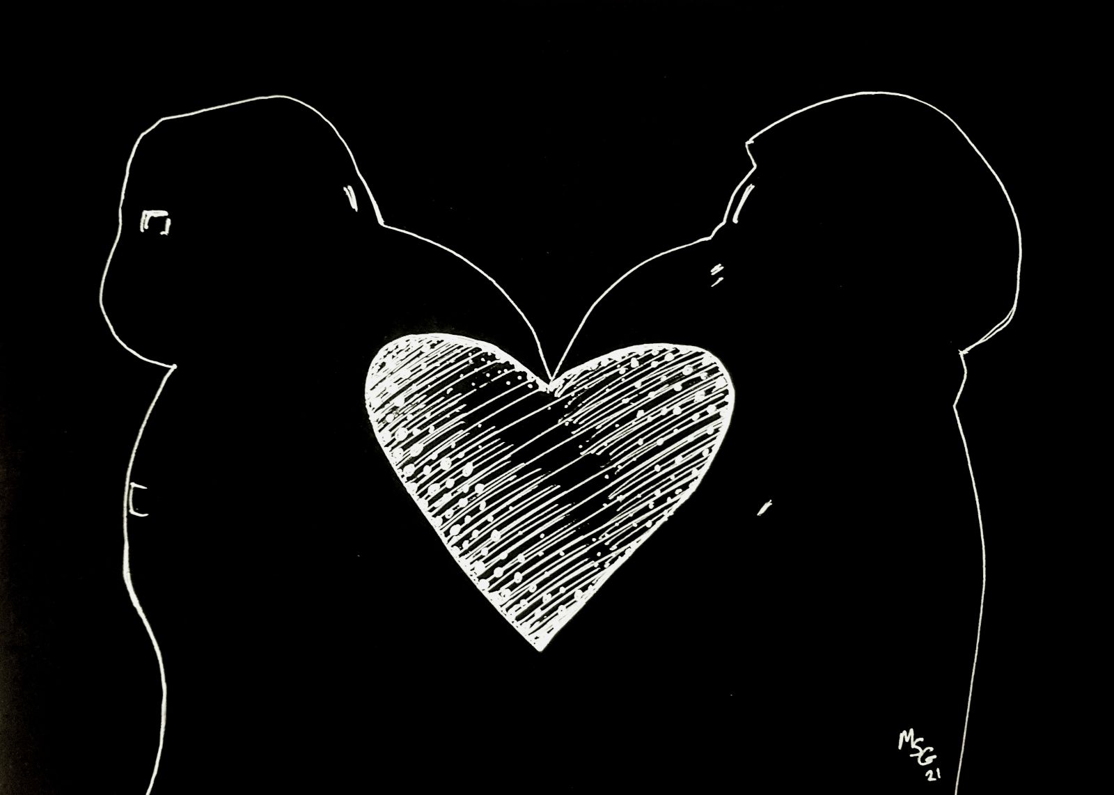 Two plague doctor shapes are outlined in white on a black background, facing each other, with a textured white heart shape formed in the space between their beak masks and their chests