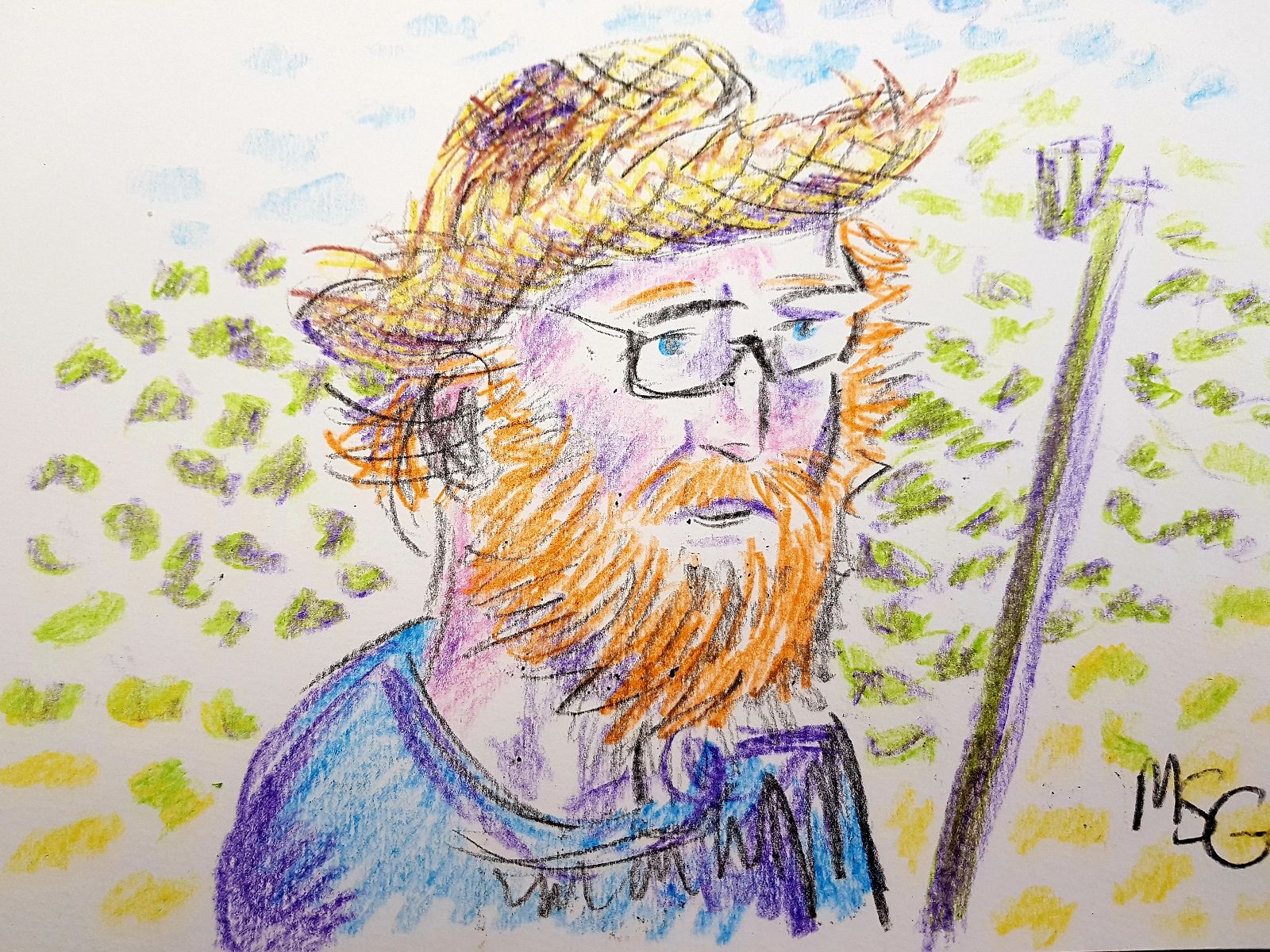 Closeup of the crayon sketch of Walter as Van Gogh