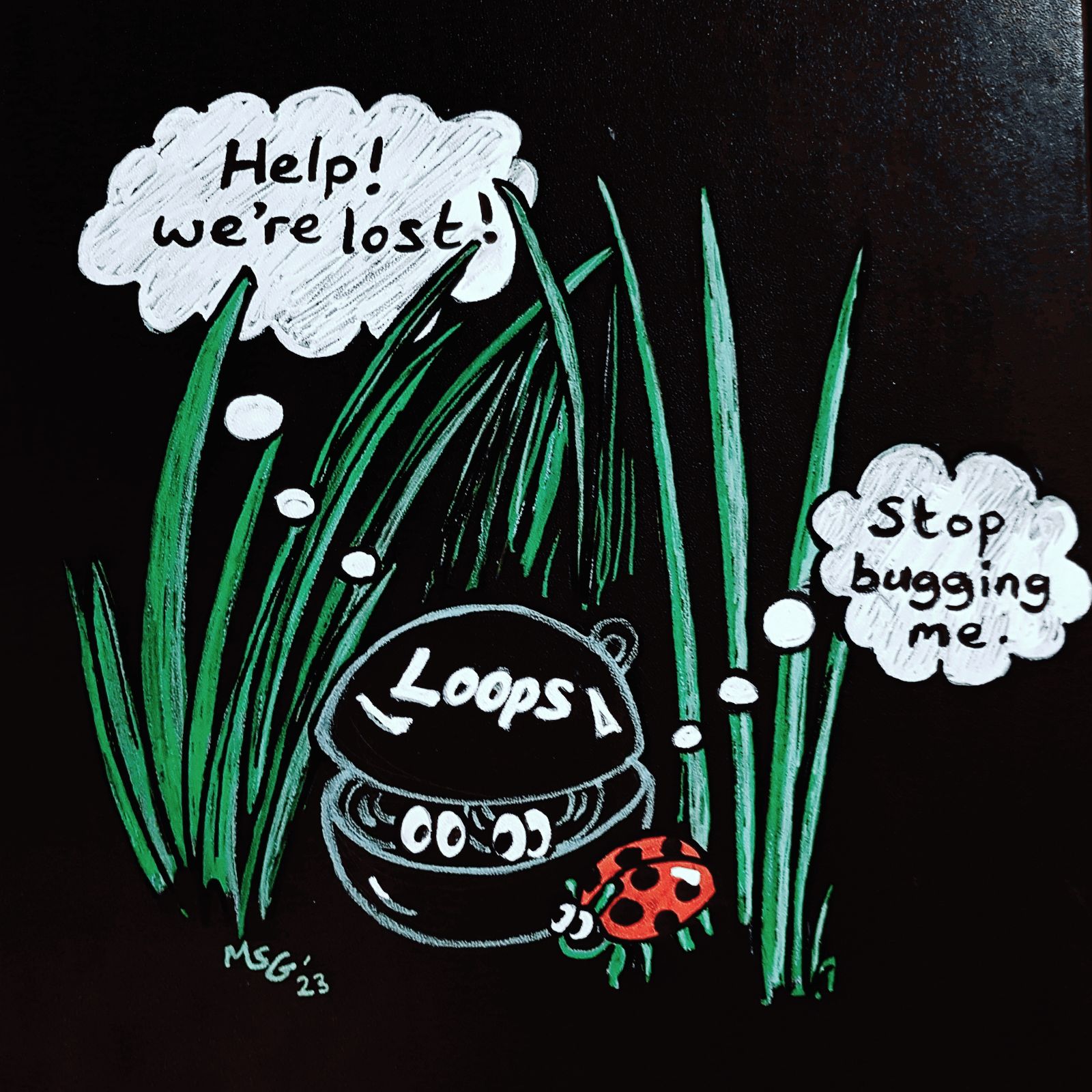 A cartoon image of two pairs of eyes peering out of a case that says 'Loops' on the top, on a dark background