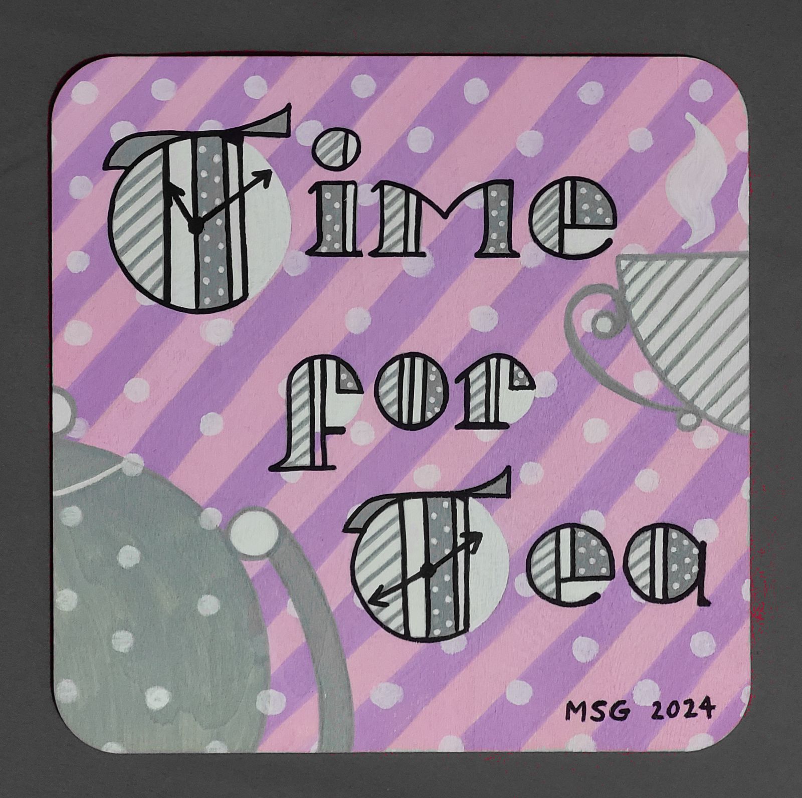 The words 'Time for Tea' are written in lettering reminiscent of a clock face, on a striped background with parts of a teapot and teacup visible to left and right.