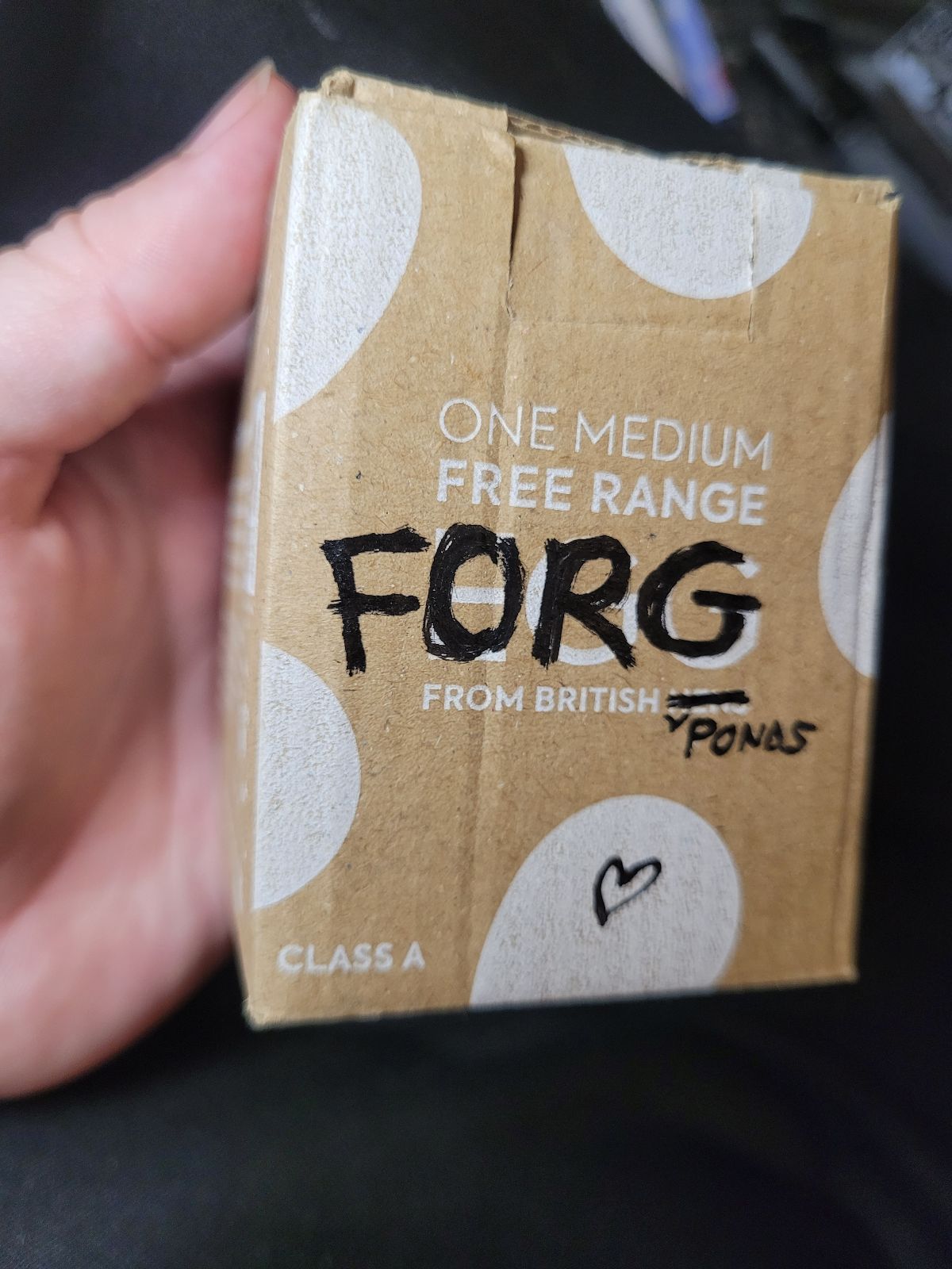 A small box which used to contain a single egg has been modified to say 'One medium free range FORG, from British ponds.