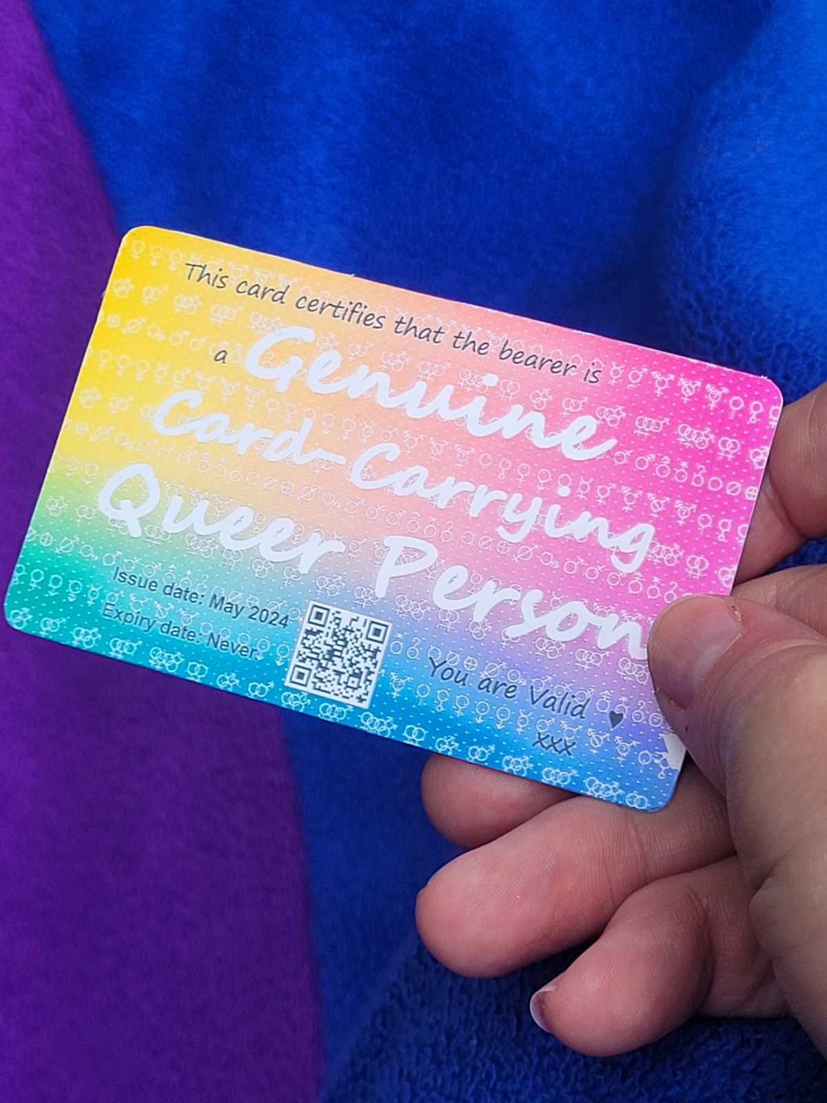 A rainbow card reads 'This card certifies that the bearer is a Genuine Card-carrying Queer Person' in large text, and 'you are valid' in smaller print.