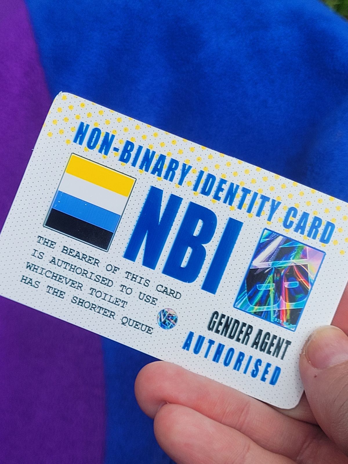 A mock ID card reads 'Non-Binary Identity Card' in official-looking text, with 'NBI' below in large blue text. Smaller print says that the bearer of this card is authorised to use whichever toilet has the shorter queue.